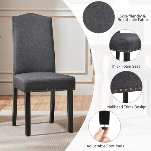 Miniatura 4 de Yaheetech Juego de 2 sillas de comedor tapizadas de tela moderna con patas de madera maciza y adornos de cabeza de clavo para cocina, sala de estar