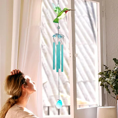 Miniatura 7 de Campanas de viento de colibrí verde, campanillas de viento para exteriores, campanillas románticas móviles pintadas de vidrio de 26 pulgadas, patio