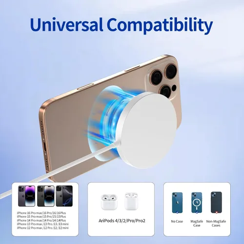 Miniatura 5 de Cargador inalámbrico magnético máximo de 15 W, almohadilla de carga rápida Mag-Safe con luz LED, compatible con iPhone 16/15/14/13/12, AirPods
