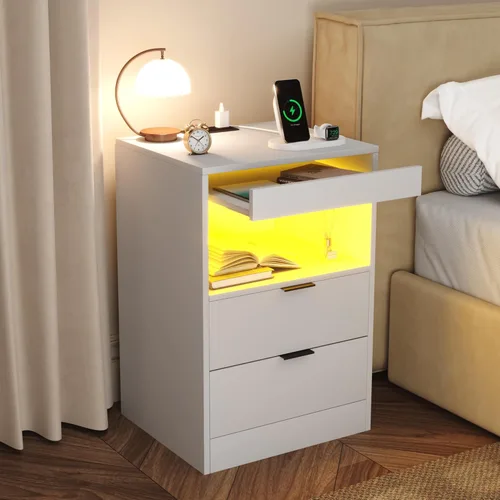 Miniatura 7 de Gadroad - Mesita de noche LED con estación de carga, mesa de noche con 3 cajones y luces LED, mesa auxiliar de sofá con estante extraíble