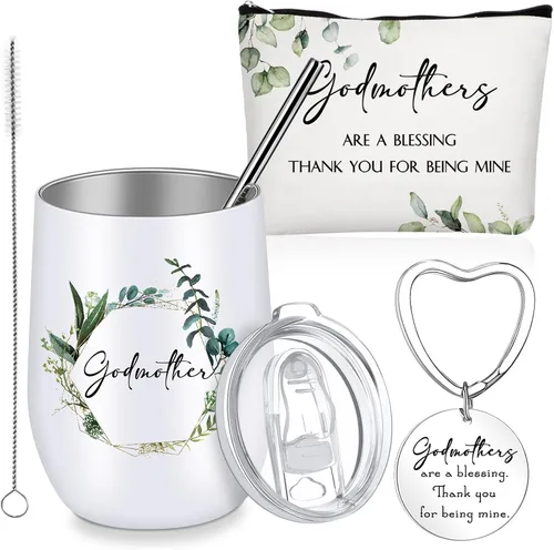 Miniatura 10 de Didaey Juego de 3 regalos para madrina de parte del ahijado, regalo de propuesta de madrina, vaso de acero inoxidable, bolsa de maquillaje, llavero