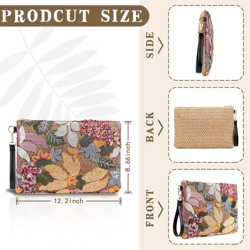 Miniatura 2 de ER.Roulour Bolso de paja de verano para mujer, bordado floral, bolso de mano de paja tejido para playa, fiesta, boda
