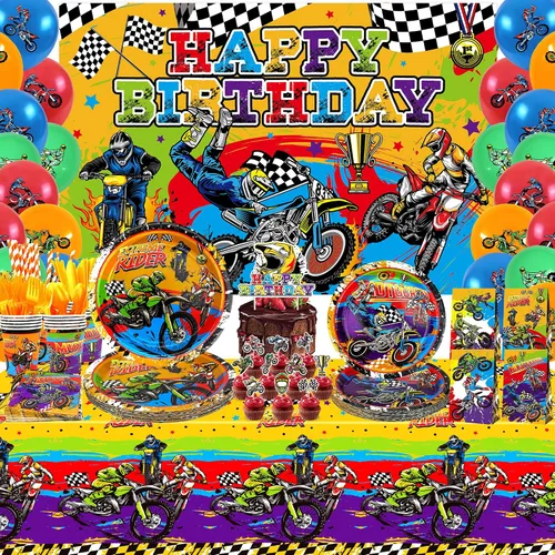 Suministros de fiesta de motocross, incluye telón de fondo de feliz cumpleaños, plato, servilleta, vasos, adornos para pasteles, bolsas de regalo,