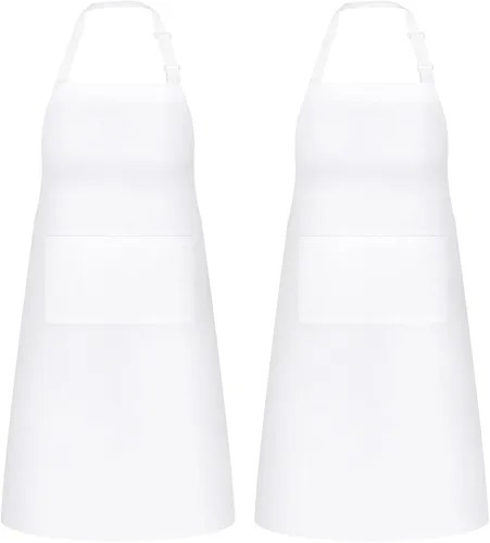 NLUS Paquete de 2 delantales blancos con 2 bolsillos para mujeres y hombres, delantales de cocina con bolsillos, delantales de chef para hornear,