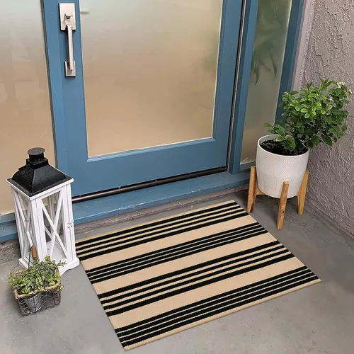 Tiveney Tapete de 2 x 3 pulgadas para puerta delantera, color negro y caqui, tapetes de bienvenida para puertas exteriores, lavables, reversibles,