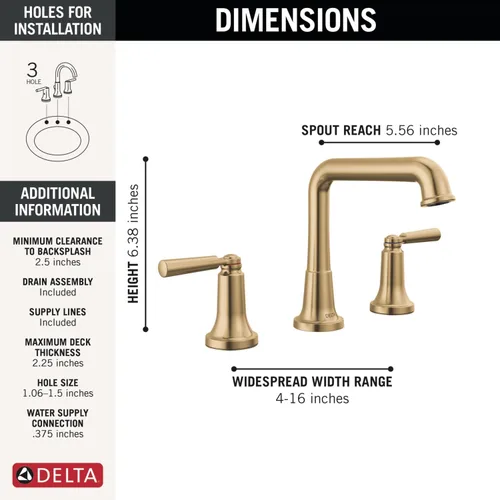 Miniatura 4 de Delta Faucet Saylor Gold - Grifo de baño de 3 agujeros, grifos de baño dorados, grifo de lavabo de baño con tecnología de sello de diamante