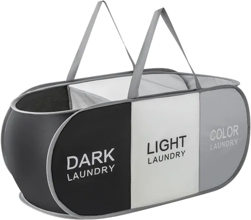 Miniatura 8 de Cesta plegable para la ropa sucia duradera con 2 compartimentos para clasificar y almacenar, cesta portátil para ropa sucia para dormitorio, cuarto