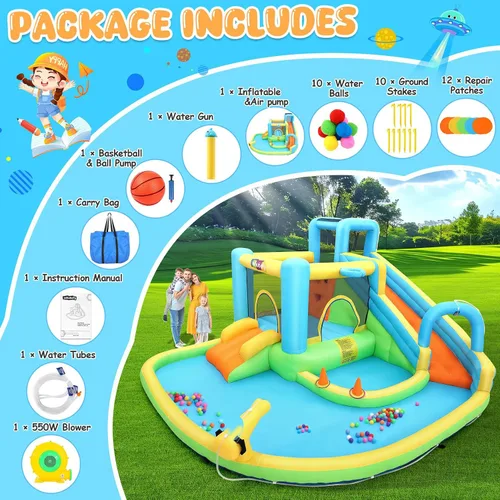 Miniatura 4 de Whubefy Tobogán acuático inflable de casa de rebote, parque acuático de 14.1 x 11.8 x 6.8 pies para niños, casa de salto todo en 1 con toboganes