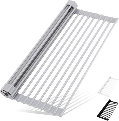 Miniatura 8 de HANZENMA Estante triangular para fregadero, estante multifuncional sobre la encimera, esterilla plegable para secar el fregadero, resistente al Negro