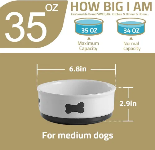 Miniatura 5 de Sweejar Cuencos de cerámica para perros con patrón de huesos, plato de comida para perros medianos, cuenco de porcelana para agua de 35 onzas azul