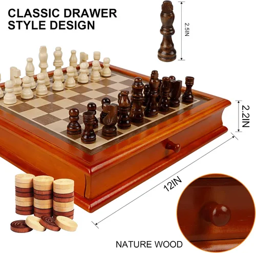 Miniatura 2 de Juegoal Juego de ajedrez y damas de madera de 12 pulgadas con cajón de almacenamiento, juegos de mesa portátiles para niños y adultos