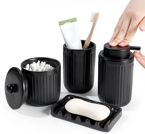 Miniatura 14 de BosilunLife Juego de accesorios de baño, juego de cerámica para decoración de baño, dispensador de jabón de espuma y soporte para cepillos