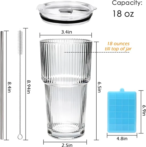 Miniatura 2 de Accguan Vaso de vidrio acanalado de 18 onzas con popote y tapa, taza de vidrio, tazas de café reutilizables con tapas, vasos de vidrio con tapas