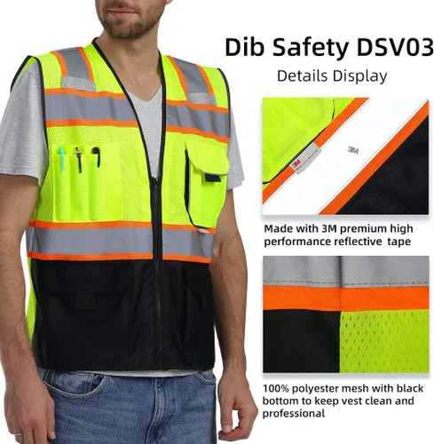 Miniatura 3 de Dib Safety - Chaleco reflectante de alta visibilidad con bolsillos y cremallera, malla de alta visibilidad ANSI Clase 2, hecho con cinta reflectante