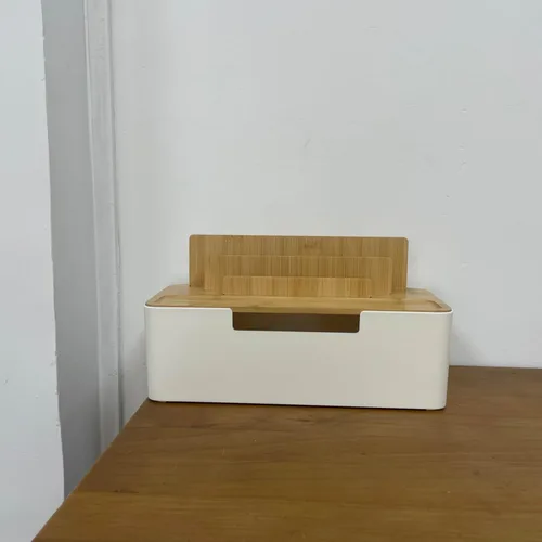 Miniatura 4 de Caja de organización de cables con tapa de madera, organizador multidispositivo para teléfonos/tabletas/relojes inteligentes, organizador de cables