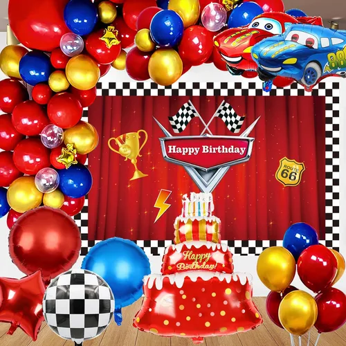 Miniatura 7 de Decoración de fiesta de cumpleaños de coche de carreras, globos de automóvil de carreras con flecos de aluminio a cuadros, telón de fondo