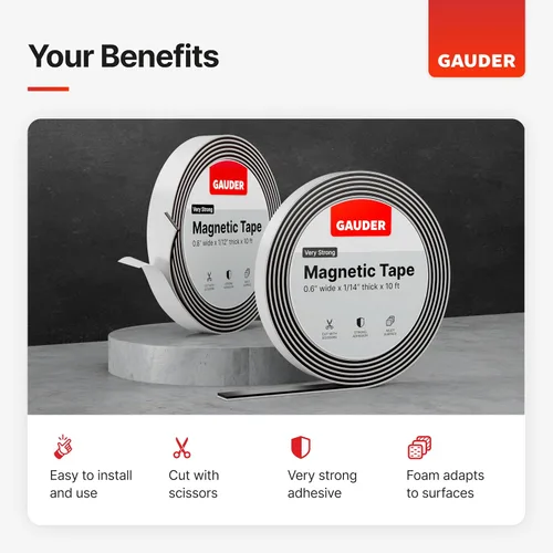 Miniatura 2 de GAUDER Cinta magnética autoadhesiva fuerte, tiras magnéticas adhesivas de espuma para superficies irregulares, rollo magnético de alta resistencia