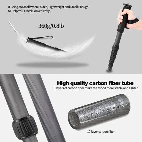 Miniatura 2 de Koolehaoda Monopod profesional de fibra de carbono, 6 secciones portátil compacto cámara de viaje monopod Unipod Stick para Canon Nikon Sony DSLR