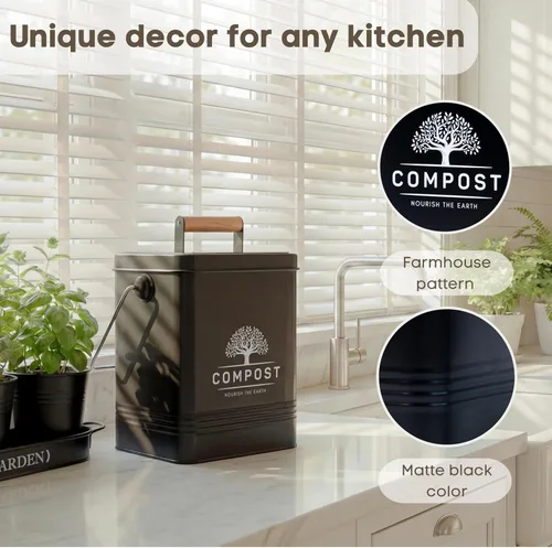 Miniatura 4 de PERFNIQUE Contenedor de compost de cocina, contenedor de compostaje para encimera de 1.7 galones con tapa, contenedor de compost interior incluye 2