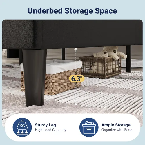 Miniatura 6 de Allewie Base de cama de plataforma de tamaño matrimonial con estación de carga y estante de almacenamiento, cabecera tapizada de terciopelo con Negro