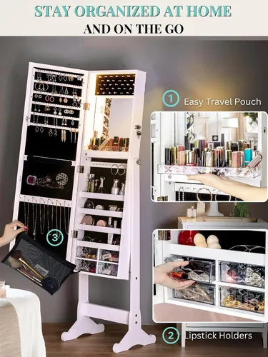 Miniatura 24 de LUXFURNI Armario de joyería con luz LED, espejo de pie, organizador de almacenamiento grande con cerradura y cajones (blanco)