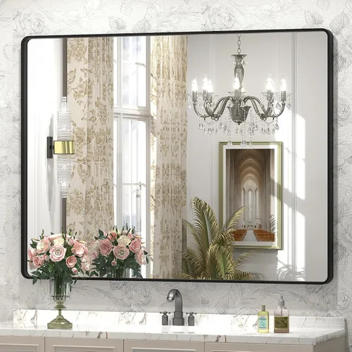 Miniatura 38 de Paquete de 2 espejos de baño con marco de metal negro de 22 x 30 pulgadas, espejo rectangular redondeado negro mate, antioxidante, se cuelga