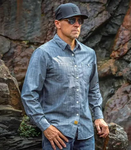 Miniatura 2 de Dubinik® Chambray - Camisa de trabajo de algodón de manga larga para hombre, con 2 bolsillos, casual, con botones