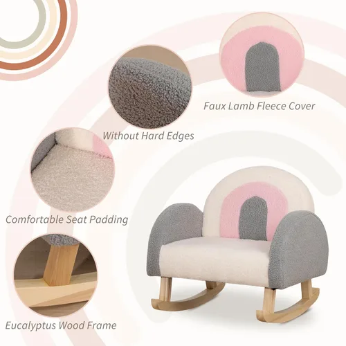 Miniatura 5 de Qaba Sofá para niños, mecedora para niños pequeños con marco de madera maciza, tela de vellón de cordero sintético, sillón para niños para guardería