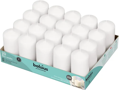 BOLSIUS Juego de 20 velas de pilar blancas, sin perfume, de 2 x 4 pulgadas, sin goteo, sin humo, perfectas para velas de boda, fiestas y ocasiones