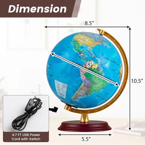 Miniatura 6 de Goplus Globo del mundo iluminado de 8 pulgadas, lámpara de globo iluminado de noche con soporte de madera y mapa HD para adultos, oficina en casa