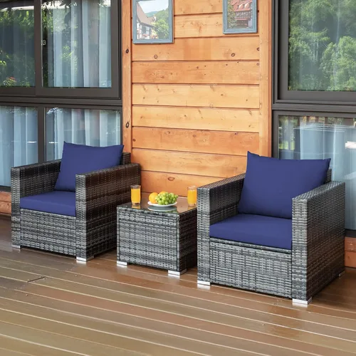 Miniatura 2 de Tangkula Juego de muebles de patio de 3 piezas, juego de sofá de mimbre de ratán PE con cojín lavable y mesa de vidrio templado, muebles de Mezcla