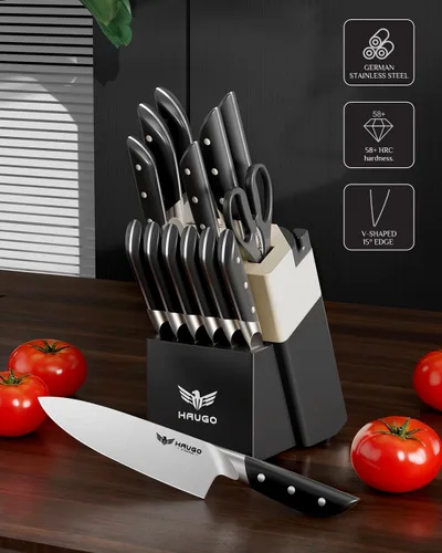 Miniatura 3 de Juego de cuchillos de cocina Haugo con bloque: juego de 14 piezas de cuchillos profesionales de acero inoxidable alemán de tajo completo - Gris negro