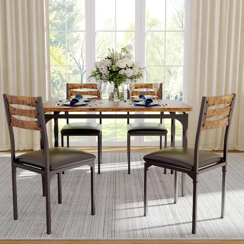 Miniatura 5 de IDEALHOUSE Juego de mesa de comedor de 5 piezas, juego de mesa de comedor y sillas de estilo industrial para 4, juego de mesa de cocina para Marrón