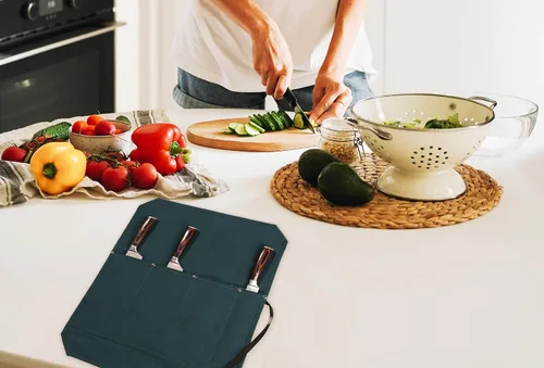 Miniatura 6 de Denifiter Bolsa enrollable para cuchillos de chef, duradera funda para cuchillos de lona encerada de 16 onzas con 4 ranuras, bolsa profesional