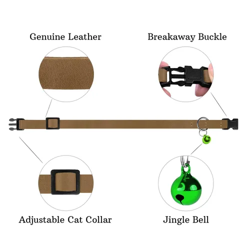Miniatura 6 de Muromto Breakaway - Collar de piel suave ajustable para gatos con campana, rosa, marrón, azul, verde, rojo (marrón)