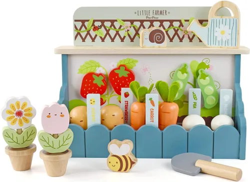 PairPear Juego de juguetes de set de jardín de flores, juguetes de madera para niños pequeños, juego de comida para niñas y niños de 3 años en