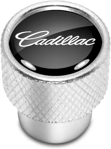 Miniatura 2 de iPick Image Tapones de válvula de neumático de aluminio de alta calidad para Cadillac Script, color negro sobre plata brillante, con licencia