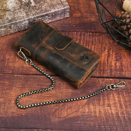 Miniatura 18 de Genuino Caballo Loco Cuero Regalo de Viaje Moneda Bolsillo Tarjetero Organizador Largo Cadena Rfid Cartera Monedero Con Broche Para Hombres Hombres