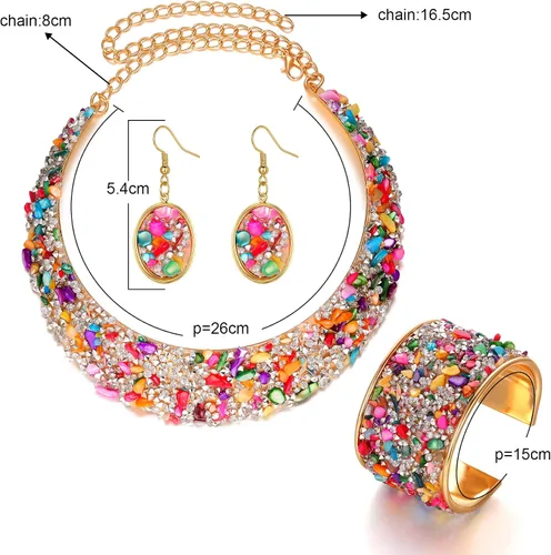 Miniatura 2 de 3 unids collar de diamantes de imitación de piedra de colores conjuntos de collar de metal dorado para mujeres babero gargantillas collares collares