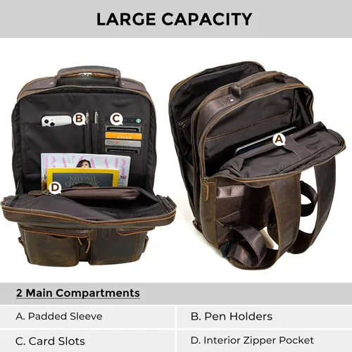 Miniatura 3 de Mochila de cuero de grano completo para hombres, mochila de viaje para laptop de 17.3 pulgadas, mochila con múltiples bolsillos con cremalleras YKK