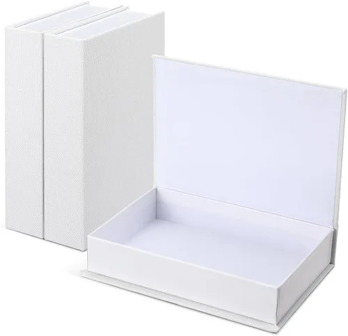 Miniatura 16 de Tioncy Caja de libros falsos de lino neutro, 3 piezas, decoración de imitación para decoración del hogar, estantes, mesa, tarjetas, fotos, regalo