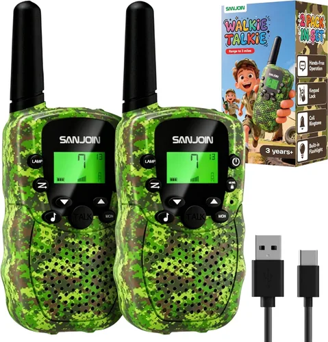 SANJOIN Walkie Talkies recargables paquete de 2 para niños, juguetes para niños de 3 a 12 años de edad, Walkie Talkie de camuflaje de 3 millas de