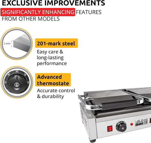 Miniatura 4 de ALDKitchen Prensa Panini doble Sandwichera semicanal y semicapa Placas de hierro fundido Revestimiento antiadherente 110 V