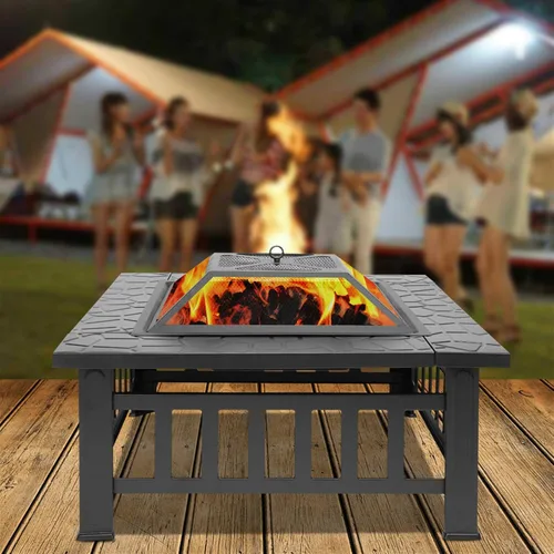 Miniatura 8 de Fogata de leña para exteriores, hoguera cuadrada de metal de 32 pulgadas para exterior, mesa multifuncional con tapa de malla y póker