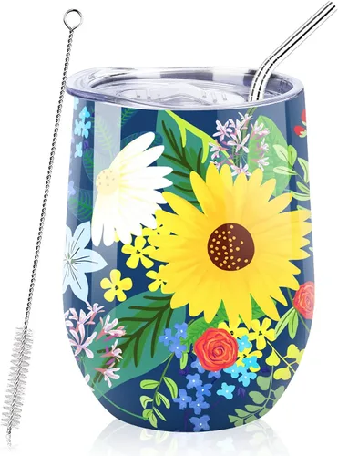 NymphFable Vaso de vino de flores de 12 onzas con popote y tapa, vaso de vino de acero inoxidable, taza de viaje aislada de doble pared
