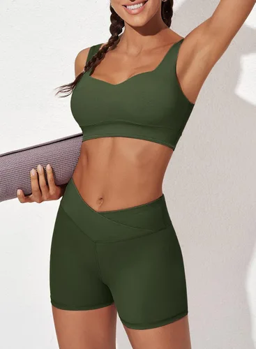 Miniatura 2 de Aleumdr Trajes de dos piezas para mujer, trajes de entrenamiento, brasier deportivo con pantalones cortos de yoga cruzados