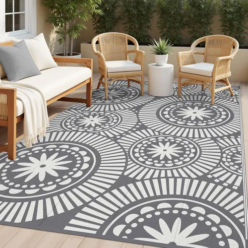 Miniatura 19 de Ileading Alfombra de Paja de Plástico para Exteriores 5x8 pies Estilo Floral Divertido Alfombras de Área Reversibles para Patio Impermeables