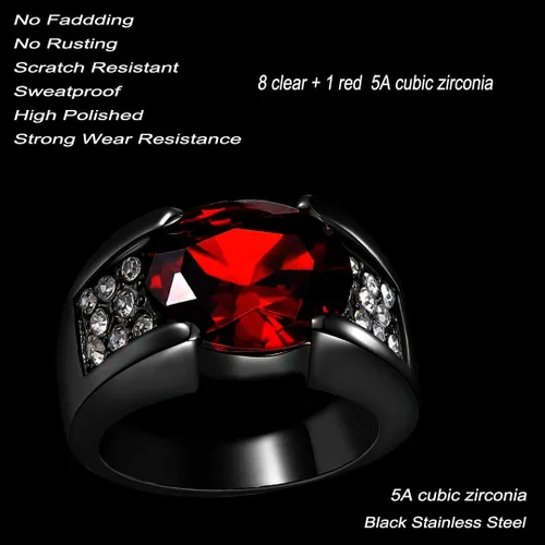 Miniatura 6 de Anillo ovalado de circonita cúbica 5A de corte múltiple para hombre, anillo de acero inoxidable 316L negro con gemas de cristal, anillo