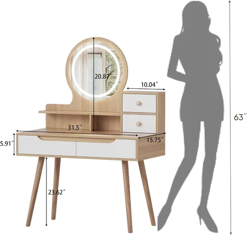 Miniatura 2 de Escritorio de maquillaje con 3 espejos iluminados ajustables, mesa de tocador de maquillaje para espacios pequeños, juego de tocador con 4 cajones