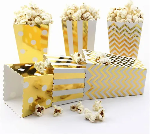 Miniatura 5 de Lamantery 24 cajas de palomitas de maíz con rayas doradas, caja de papel de regalo de regalo de cumpleaños, suministros de cartón para dulces